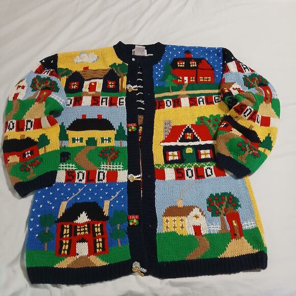 VTG PBJ Sport Women's Large Cardigan Realtor Sweater Cotton Blnd Novelty Buttons - Picture 2 of 12